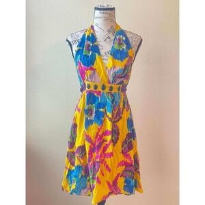 De.Coded Womens Small‎ Yellow Purple Abstract Floral Cotton Halter Mini Dress